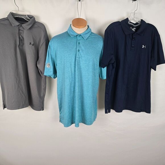 Under Armor Polo Bundle Men's L Gray Lt Blue Dk Blue Short Sleeve Loose HeatGear - Picture 1 of 16